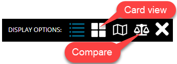 Screen capture of Related Credentials table top menu with callouts for the card view and compare icons