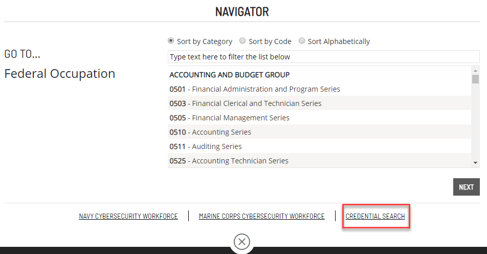 Navigator menu with Full Credential Search link highlighted