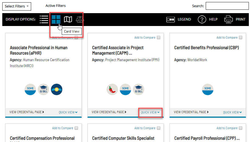 National credential table showing card view and with the card view icon highlighted