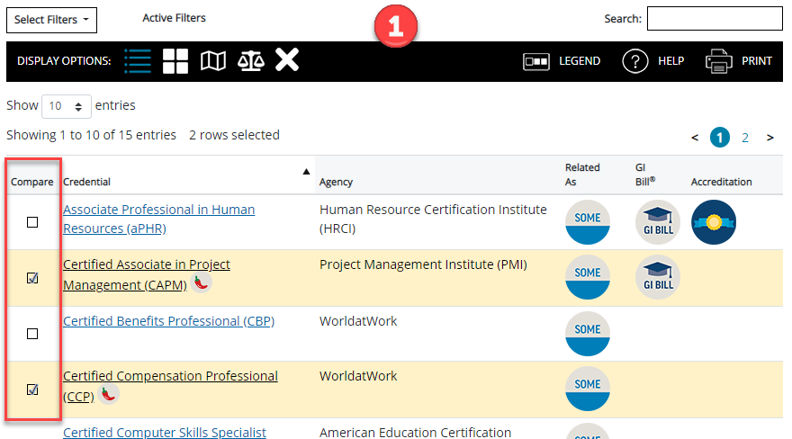 National credential table showing two credentials with compare checked