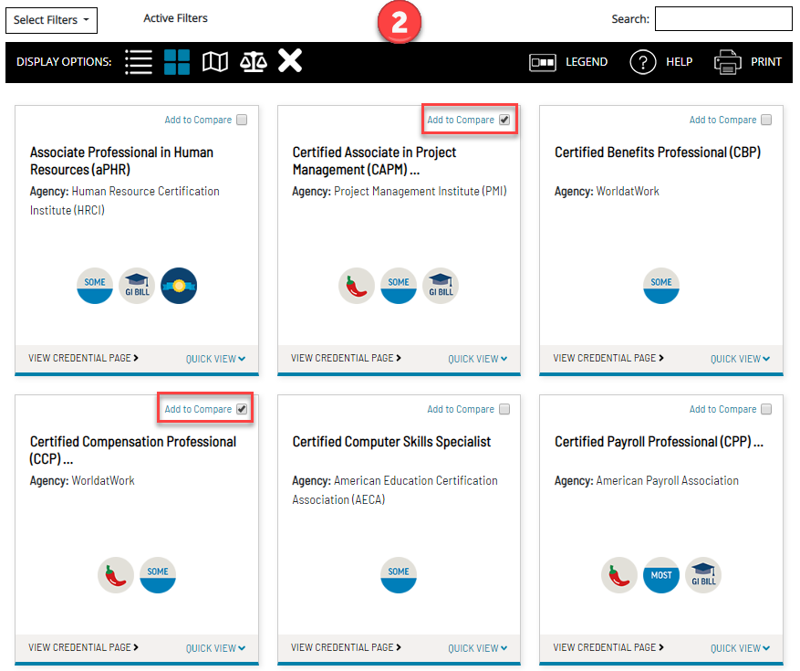 National credential table showing two credentials with compare checked