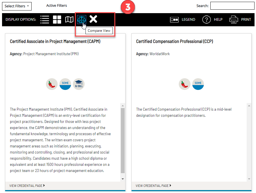 National credential table showing two credentials with compare checked