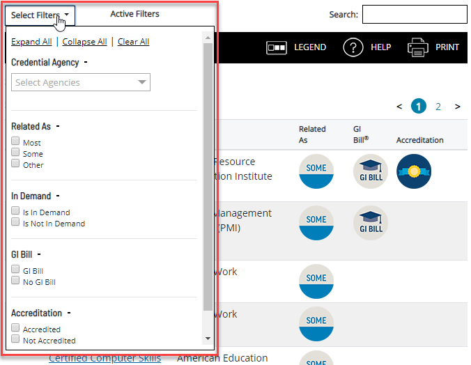 Summary page national credential table with Select Filters box open and highlighted