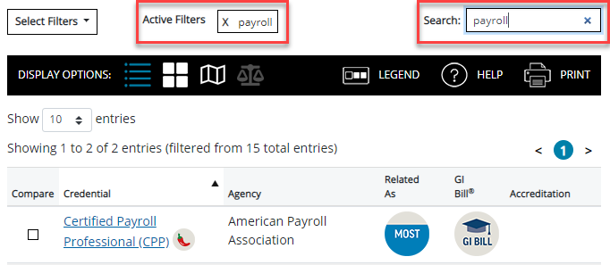 National credential table top menu with the Search box highlighted and the word Baker typed in it