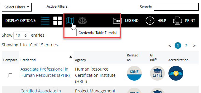National credential table top menu with Tour icon highlighted